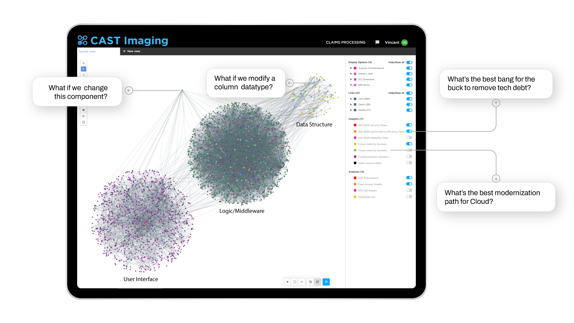 Visualization of a claims management custom application with 46,000 objects in CAST Imaging